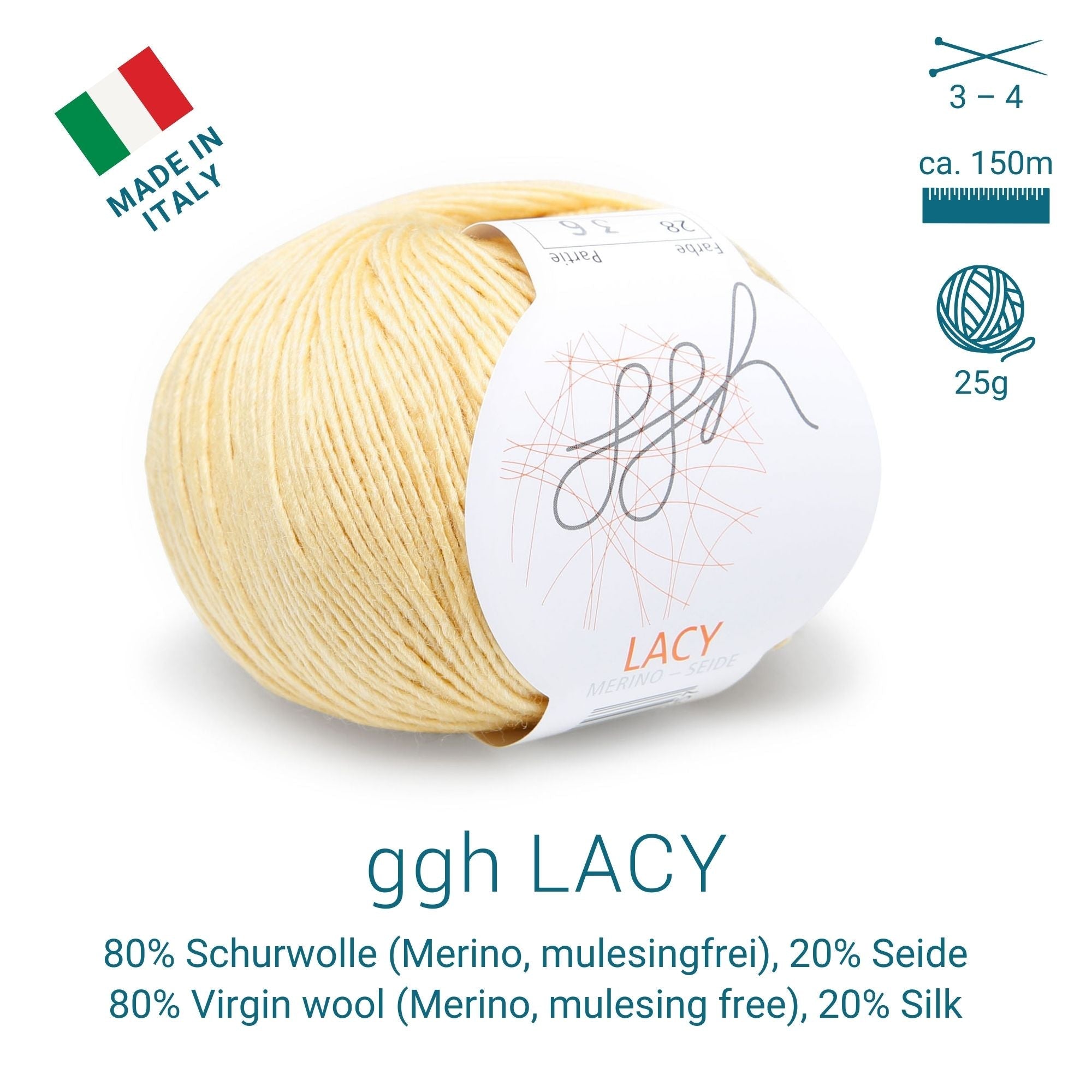 GGH Lacy | Merinowolle mit Seide | 25g - 170m | 028 - Senfgelb - Rebecca - Online.de